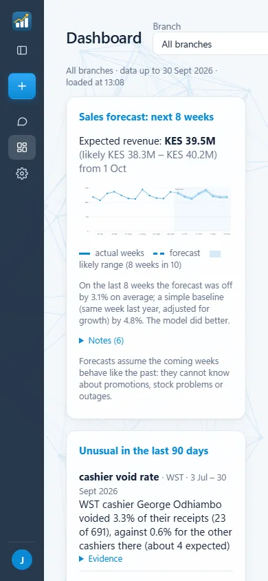 Upesi AI on a phone: the same dashboard and conversations, sized for mobile